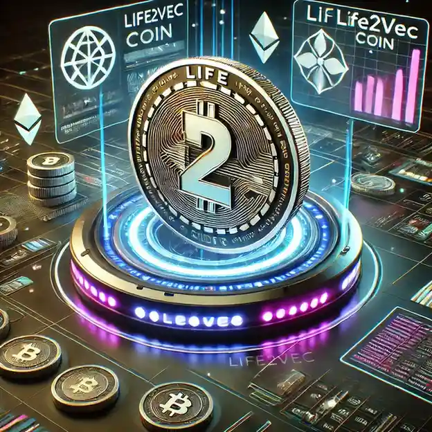 A large digital coin with the number '2' floats above a holographic display, surrounded by smaller coins and graphs.